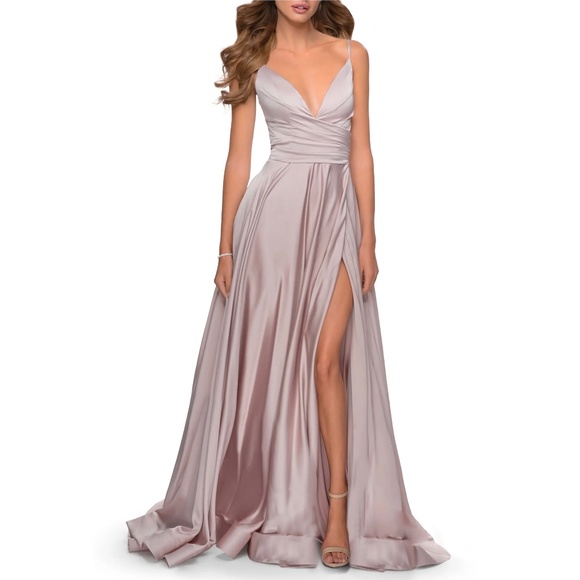 La Femme 28607 Deep V-Neck High Slit Satin Gown